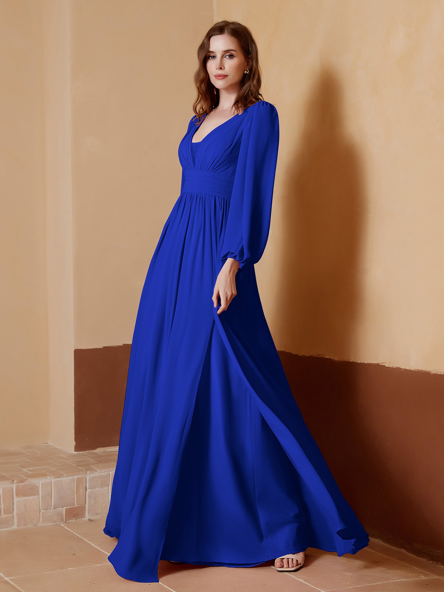 A-Line Pleated Chiffon Dress with Long Sleeves Royal Blue